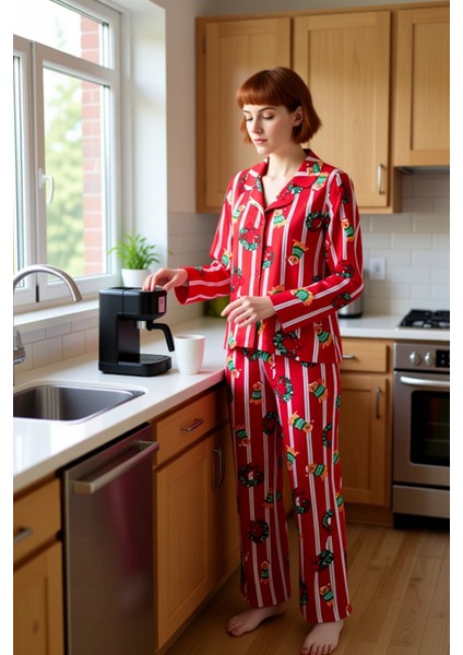 Unisex Kirmizi Cizgili Kopek Baskılı Pijama Takımı Fonksiyonel Dayanıklı Kaliteli Konforlu