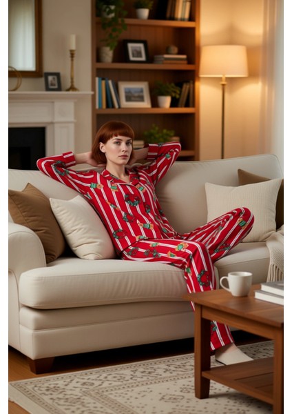 Unisex Kirmizi Cizgili Kopek Baskılı Pijama Takımı Fonksiyonel Dayanıklı Kaliteli Konforlu indirimleri