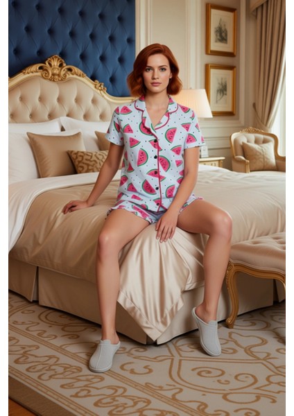 Yazlık Karpuz Desenli Gömlek ve Fırfırlı Şort Pijama Takımı Kadın Fonksiyonel Dayanıklı Şık fiyatları