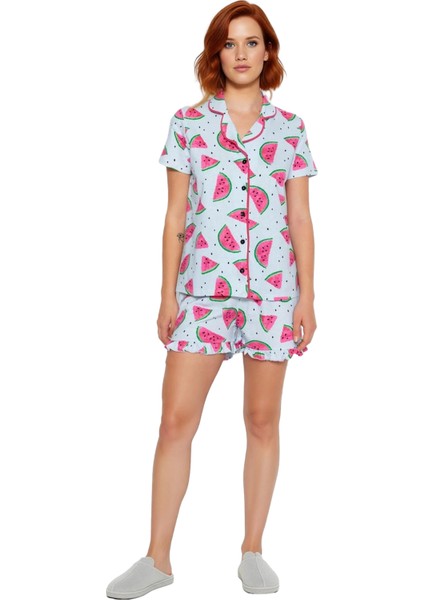 Yazlık Karpuz Desenli Gömlek ve Fırfırlı Şort Pijama Takımı Kadın Fonksiyonel Dayanıklı Şık modelleri