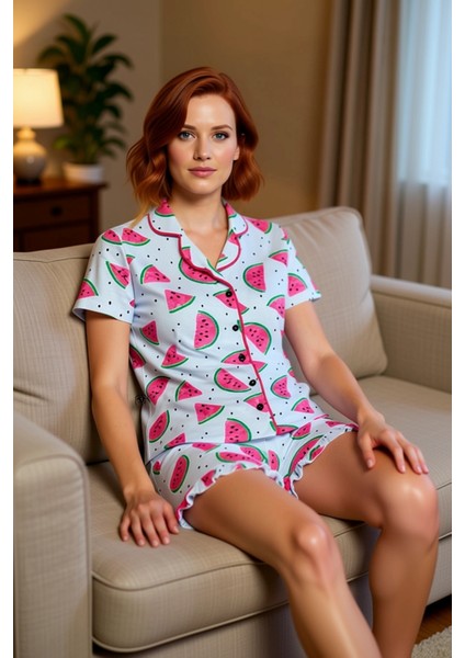 Yazlık Karpuz Desenli Gömlek ve Fırfırlı Şort Pijama Takımı Kadın Fonksiyonel Dayanıklı Şık fırsatları