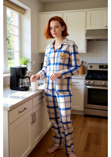 Kadin Kirmizi Ekose Polar Pijama Takımı Geyik Nakisli Fonksiyonel Dayanıklı Kaliteli Rahat