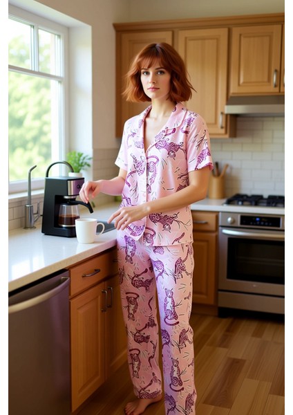 Kadın Hayvan Figürlü Viskon Pijama Takımı Fonksiyonel Dayanıklı Kaliteli Konforlu Estetik Şık