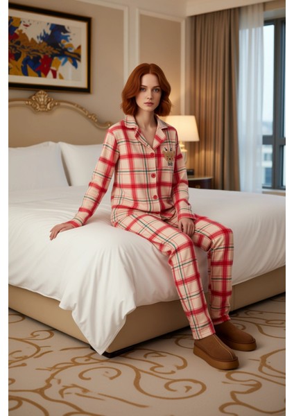 Kadin Polar Pijama Takımı Kirmizi Ekose Nakisli Fonksiyonel Dayanıklı Kaliteli Konforlu Şık