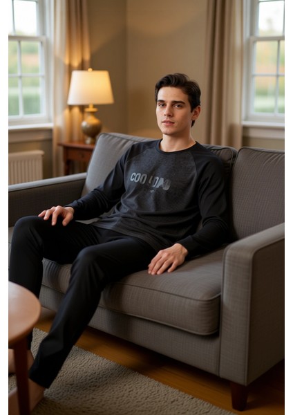 Erkek Slogan Baskılı Reglan Kol Pijama Takımı Fonksiyonel Dayanıklı Kaliteli Konforlu Spor
