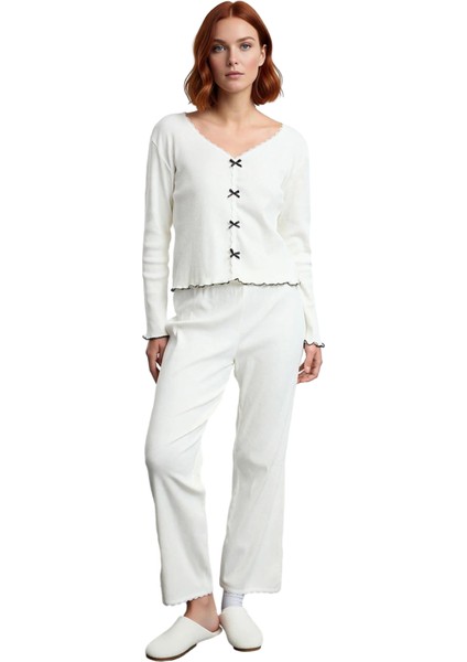 Kadın Antrasit V Yaka Dantel Fiyonk Detaylı Fitilli Örme Pijama Takımı Fonksiyonel Estetik fırsatları