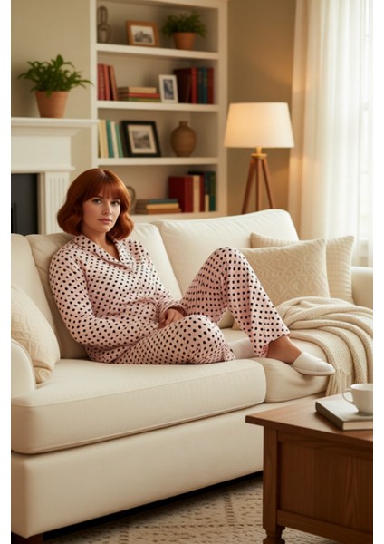 Kadın Kalp Desenli V Yaka Uzun Kollu Pijama Takımı Fonksiyonel Dayanıklı Kaliteli Konforlu