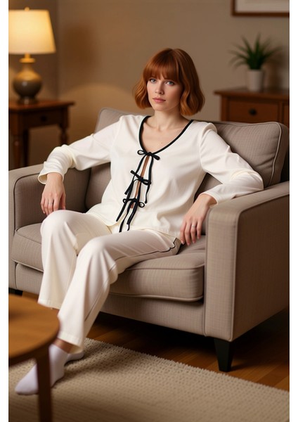 Kadın Fiyonk Detaylı Uzun Kollu Pijama Takımı Fonksiyonel Dayanıklı Kaliteli Konforlu Spor