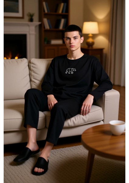 Erkek Nakışlı Bisiklet Yaka Uzun Kollu Pijama Takımı Fonksiyonel Dayanıklı Kaliteli Modern