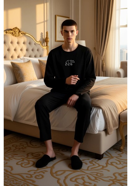 Erkek Nakışlı Bisiklet Yaka Uzun Kollu Pijama Takımı Fonksiyonel Dayanıklı Kaliteli Modern modelleri