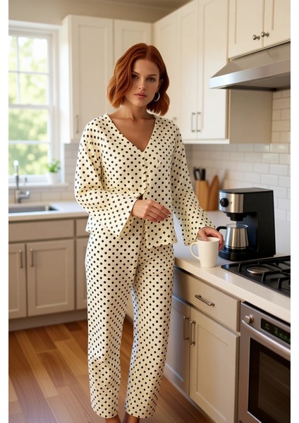 Puantiyeli Müslin Dokuma Gömlek Pantolon Takımı Kadın Fonksiyonel Dayanıklı Kaliteli Rahat