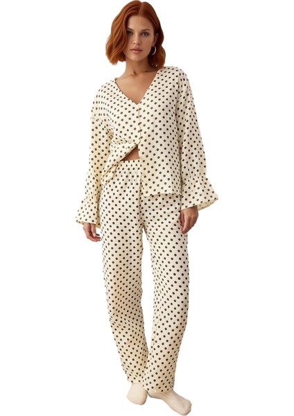 Puantiyeli Müslin Dokuma Gömlek Pantolon Takımı Kadın Fonksiyonel Dayanıklı Kaliteli Rahat modelleri