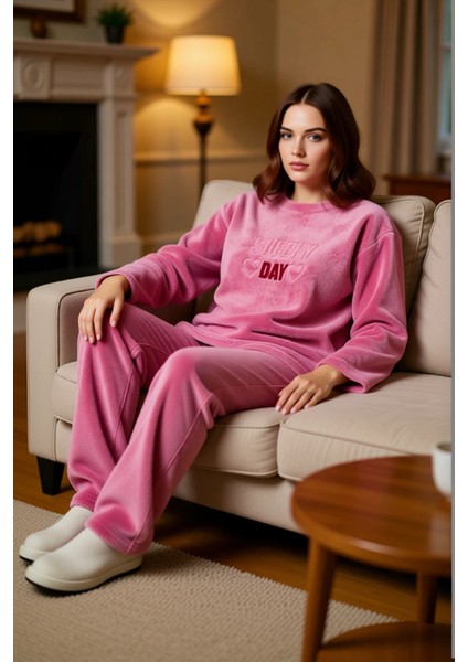 Kadın Peluş Sloganlı Pijama Takımı Fonksiyonel Dayanıklı Kaliteli Konforlu Estetik Premium