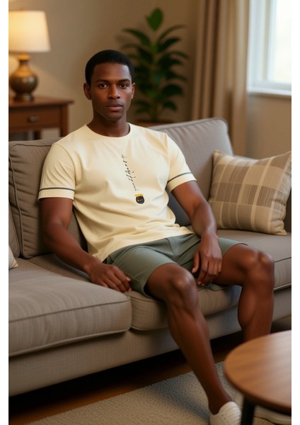 Erkek Bisiklet Yaka Baskılı Kısa Kollu Pijama Takımı Fonksiyonel Dayanıklı Kaliteli Modern