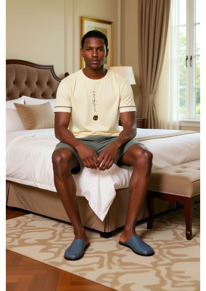 Erkek Bisiklet Yaka Baskılı Kısa Kollu Pijama Takımı Fonksiyonel Dayanıklı Kaliteli Modern modelleri