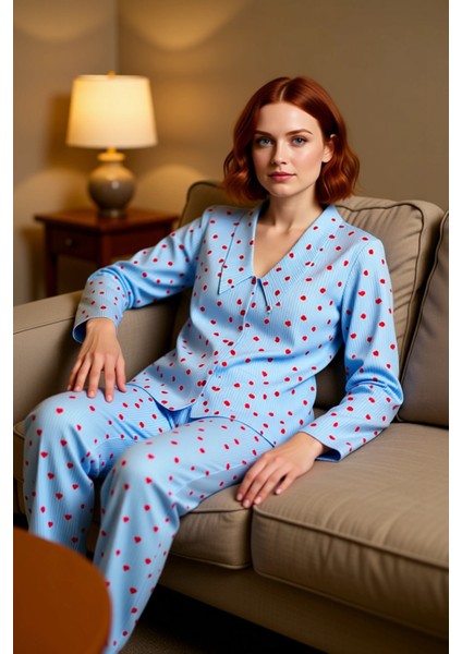 Kadın Kalp Desenli Gömlek Yaka Pijama Takımı Fonksiyonel Dayanıklı Kaliteli Konforlu Rahat