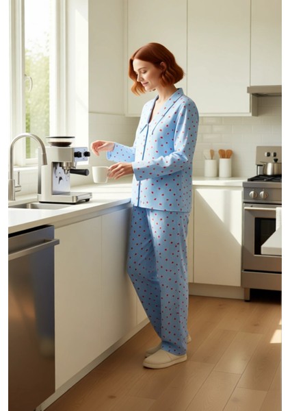 Kadın Kalp Desenli Gömlek Yaka Pijama Takımı Fonksiyonel Dayanıklı Kaliteli Konforlu Rahat fiyatları