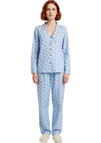 Kadın Kalp Desenli Gömlek Yaka Pijama Takımı Fonksiyonel Dayanıklı Kaliteli Konforlu Rahat fırsatları