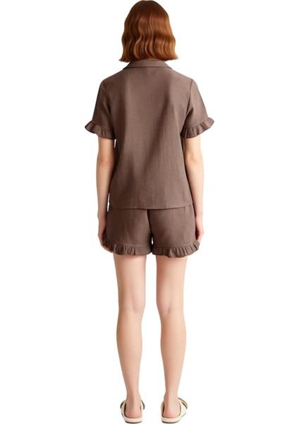 Kadın Müslin Fırfırlı Pijama Takımı Gömlek Şort Fonksiyonel Dayanıklı Kaliteli Konforlu Şık modelleri