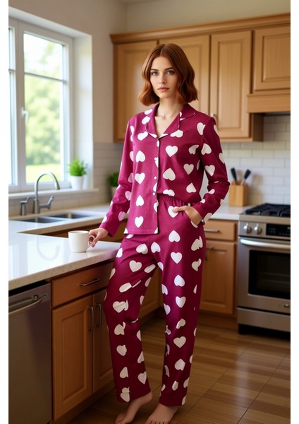 Kadın Kalp Desenli Mürdüm Gömlek ve Pantolon Pijama Takımı Fonksiyonel Dayanıklı Kaliteli Şık fiyatları