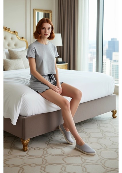 Kadın Melanj Fırfırlı Pijama Takımı Şortlu Fonksiyonel Dayanıklı Kaliteli Konforlu Estetik