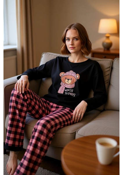 Kadın Ayıcıklı Baskılı Ekose Pijama Takımı Fonksiyonel Dayanıklı Kaliteli Konforlu Estetik