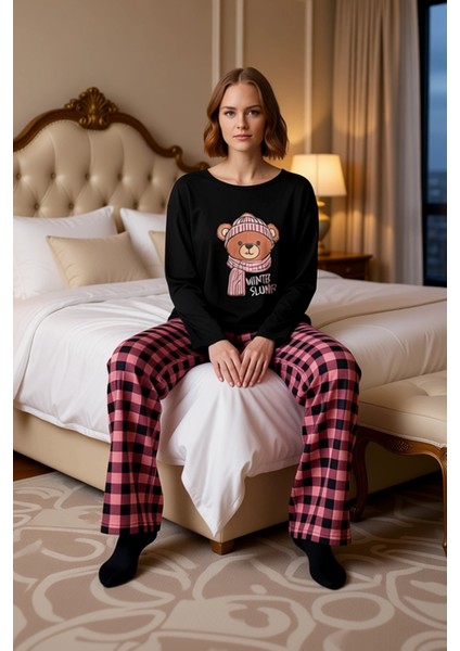 Kadın Ayıcıklı Baskılı Ekose Pijama Takımı Fonksiyonel Dayanıklı Kaliteli Konforlu Estetik modelleri