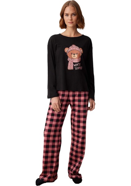 Kadın Ayıcıklı Baskılı Ekose Pijama Takımı Fonksiyonel Dayanıklı Kaliteli Konforlu Estetik fırsatları