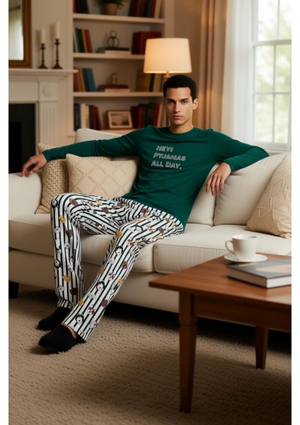 Erkek Bisiklet Yaka Baskılı Uzun Kollu Pijama Takımı Fonksiyonel Dayanıklı Kaliteli Modern