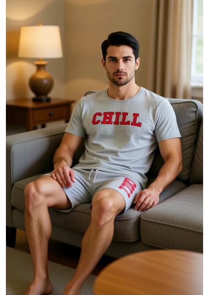 Erkek Bisiklet Yaka Kısa Kollu Baskılı Pijama Takımı Fonksiyonel Dayanıklı Kaliteli Modern