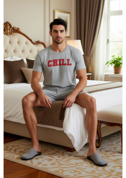 Erkek Bisiklet Yaka Kısa Kollu Baskılı Pijama Takımı Fonksiyonel Dayanıklı Kaliteli Modern modelleri