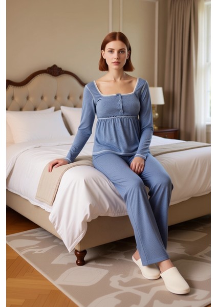 Kadın Melanj Kare Yaka Dantel Detaylı Pijama Takımı Fonksiyonel Dayanıklı Kaliteli Estetik modelleri