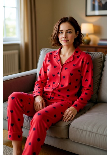 Kadın Kalp Desenli Gömlek Yaka Pijama Takımı Fonksiyonel Dayanıklı Kaliteli Konforlu Rahat