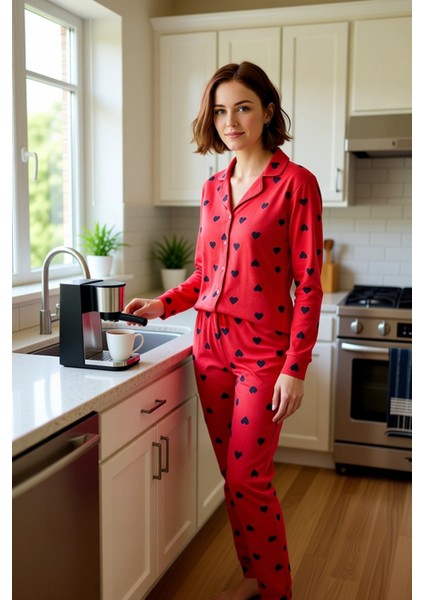 Kadın Kalp Desenli Gömlek Yaka Pijama Takımı Fonksiyonel Dayanıklı Kaliteli Konforlu Rahat fiyatları