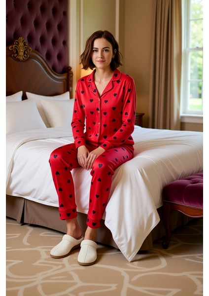 Kadın Kalp Desenli Gömlek Yaka Pijama Takımı Fonksiyonel Dayanıklı Kaliteli Konforlu Rahat modelleri