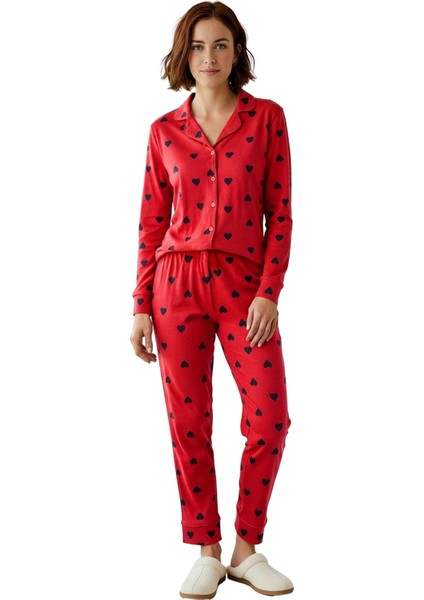 Kadın Kalp Desenli Gömlek Yaka Pijama Takımı Fonksiyonel Dayanıklı Kaliteli Konforlu Rahat fırsatları
