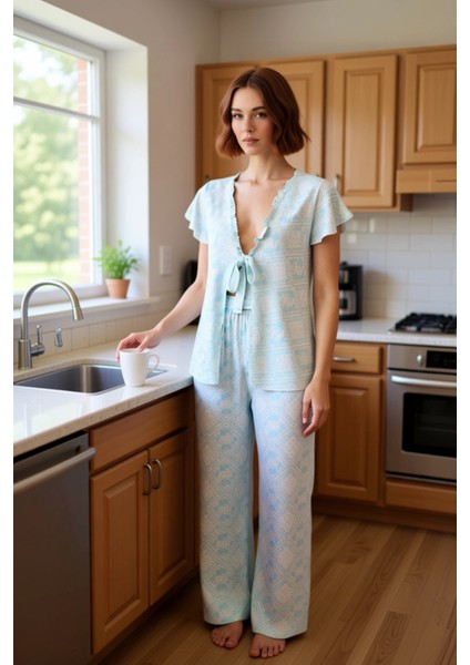 Kadın Etnik Desenli V Yaka Kısa Kollu Pijama Takımı Fonksiyonel Dayanıklı Kaliteli Estetik fiyatları