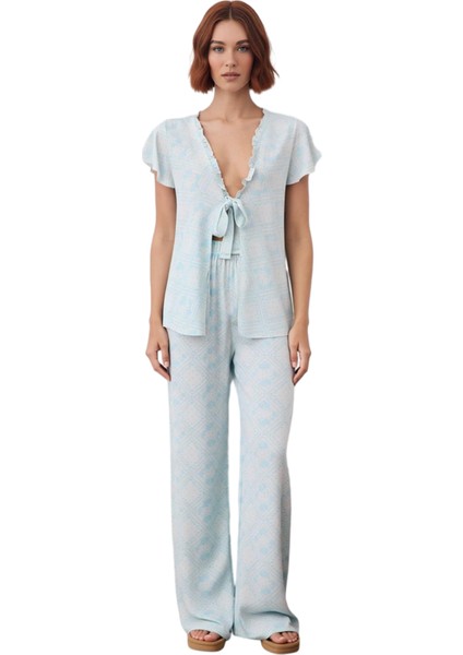 Kadın Etnik Desenli V Yaka Kısa Kollu Pijama Takımı Fonksiyonel Dayanıklı Kaliteli Estetik fırsatları