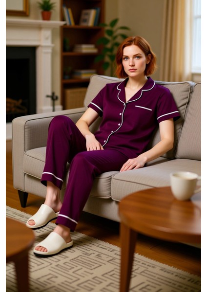 Kadin Yıldız Desenli Gömlek Yaka Örme Pijama Takımı Fonksiyonel Dayanıklı Kaliteli Estetik