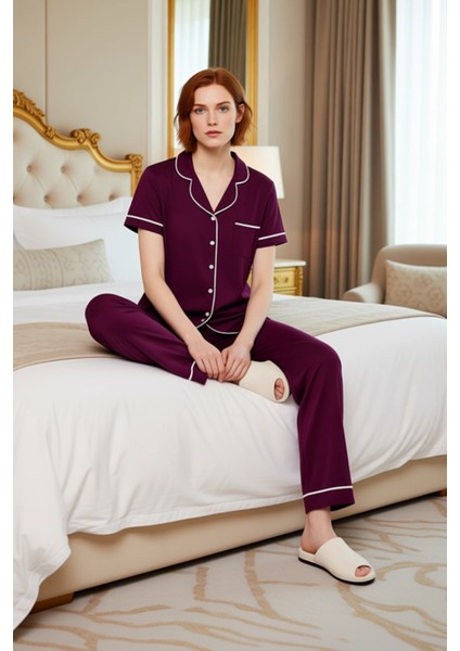 Kadin Yıldız Desenli Gömlek Yaka Örme Pijama Takımı Fonksiyonel Dayanıklı Kaliteli Estetik modelleri