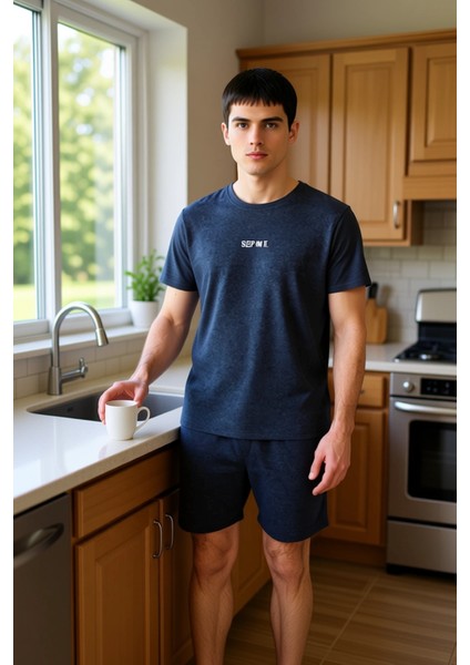 Erkek Pamuklu Lounge Takımı Bisiklet Yaka Kısa Kollu Slogan Baskılı Fonksiyonel Dayanıklı Şık