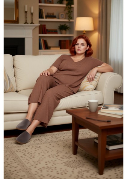 Kadın V Yaka Fitilli Örme Pijama Takımı Fonksiyonel Dayanıklı Kaliteli Konforlu Estetik Şık