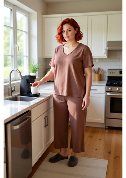 Kadın V Yaka Fitilli Örme Pijama Takımı Fonksiyonel Dayanıklı Kaliteli Konforlu Estetik Şık fiyatları