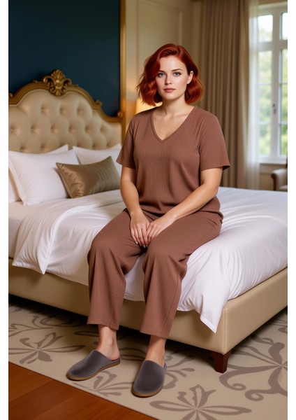 Kadın V Yaka Fitilli Örme Pijama Takımı Fonksiyonel Dayanıklı Kaliteli Konforlu Estetik Şık modelleri