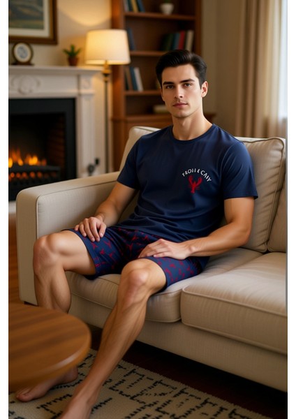 Erkek Istakoz Baskılı Bisiklet Yaka Pijama Takımı Fonksiyonel Dayanıklı Kaliteli Konforlu Şık