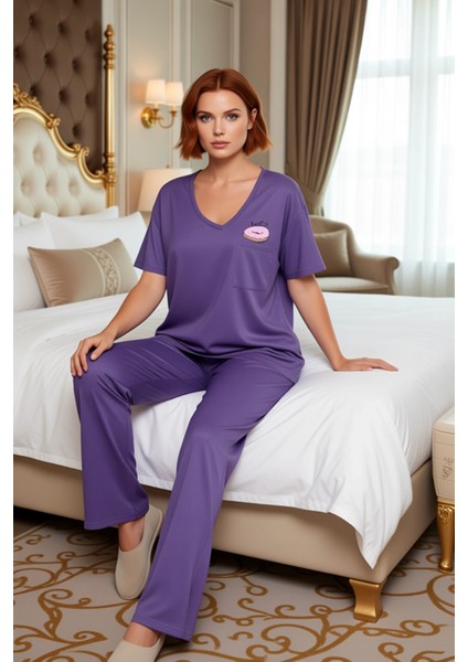 Kadın Lila Baskılı Cep Detaylı V Yaka Kısa Kollu Pijama Takımı Fonksiyonel Dayanıklı Rahat modelleri