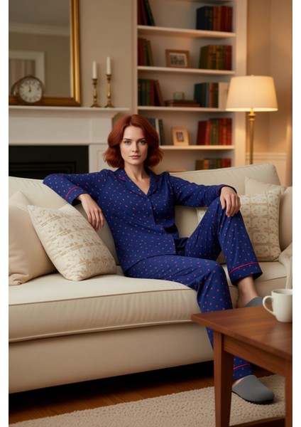 Kadın Kalp Desenli Gömlek Yaka Pijama Takımı Fonksiyonel Dayanıklı Kaliteli Konforlu Rahat