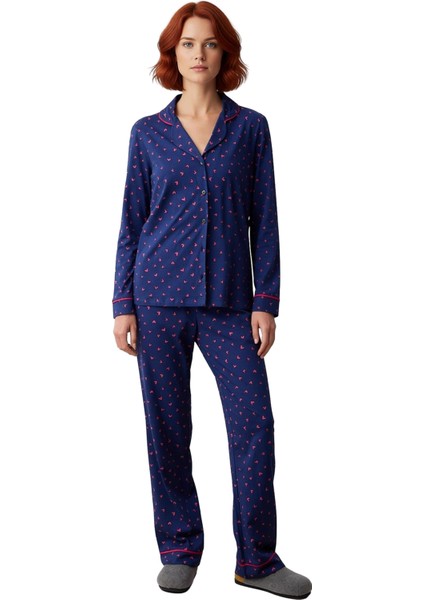 Kadın Kalp Desenli Gömlek Yaka Pijama Takımı Fonksiyonel Dayanıklı Kaliteli Konforlu Rahat fırsatları