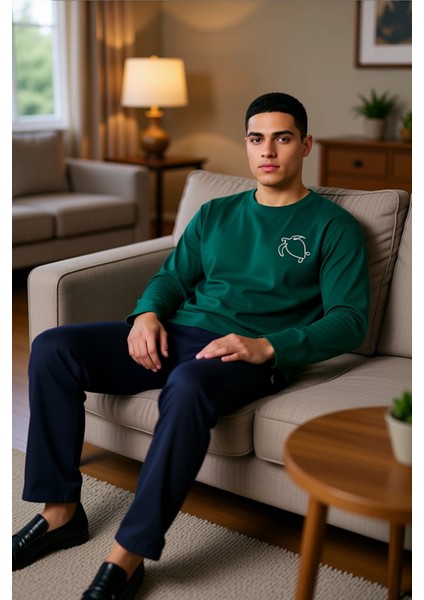 Erkek Bisiklet Yaka Uzun Kollu Pijama Takımı Fonksiyonel Dayanıklı Kaliteli Konforlu Rahat