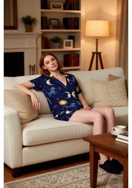 Kadın Viskon Gömlek Şort Pijama Takımı Galaksi Desenli Fonksiyonel Dayanıklı Kaliteli Spor fırsatları